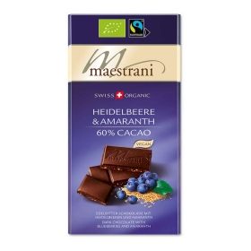 Maestrani Bio & Fairtrade Edelbitter Schokolade Heidelbeere & Amaranth 60% Cacao ~ 80g
