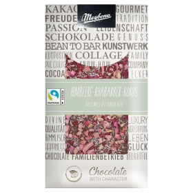 Meybona Collage Vollmilchschokolade Himbeer-Rhabarber-Kokos 36% mit Fairtrade Kakao ~ 100g