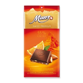 Munz Swiss Premium Zartbitter Schokolade Orange-Mandel 55% Cacao ~ 100g