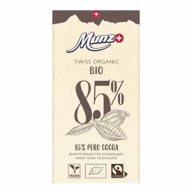 Munz Swiss Premium Bio & Fairtrade Organic Dark Edelbitter Schokolade 85% Cacao aus Peru ~ 100 g