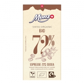 Munz Swiss Premium Bio & Fairtrade Organic Dark Edelbitter Schokolade Espresso 72% Cacao ~ 100 g